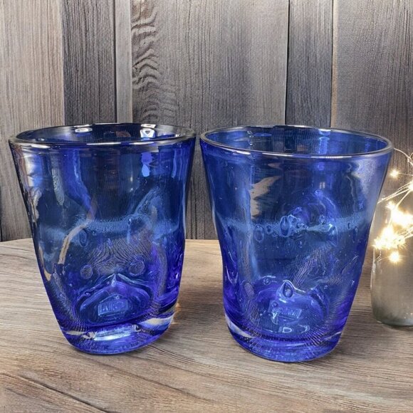 Hudson Grace Henri Tumbler Glasses Controlled Bubbles Pinched Dark Blue Set 2 - Picture 10 of 15